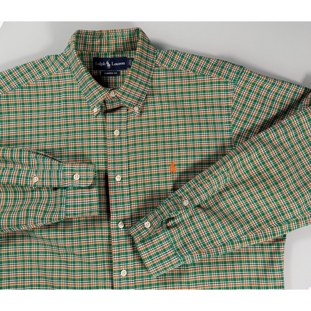 Ralph Lauren Classic Fit Mens LG 100% Cotton Grren Plaid Casual Button Down
